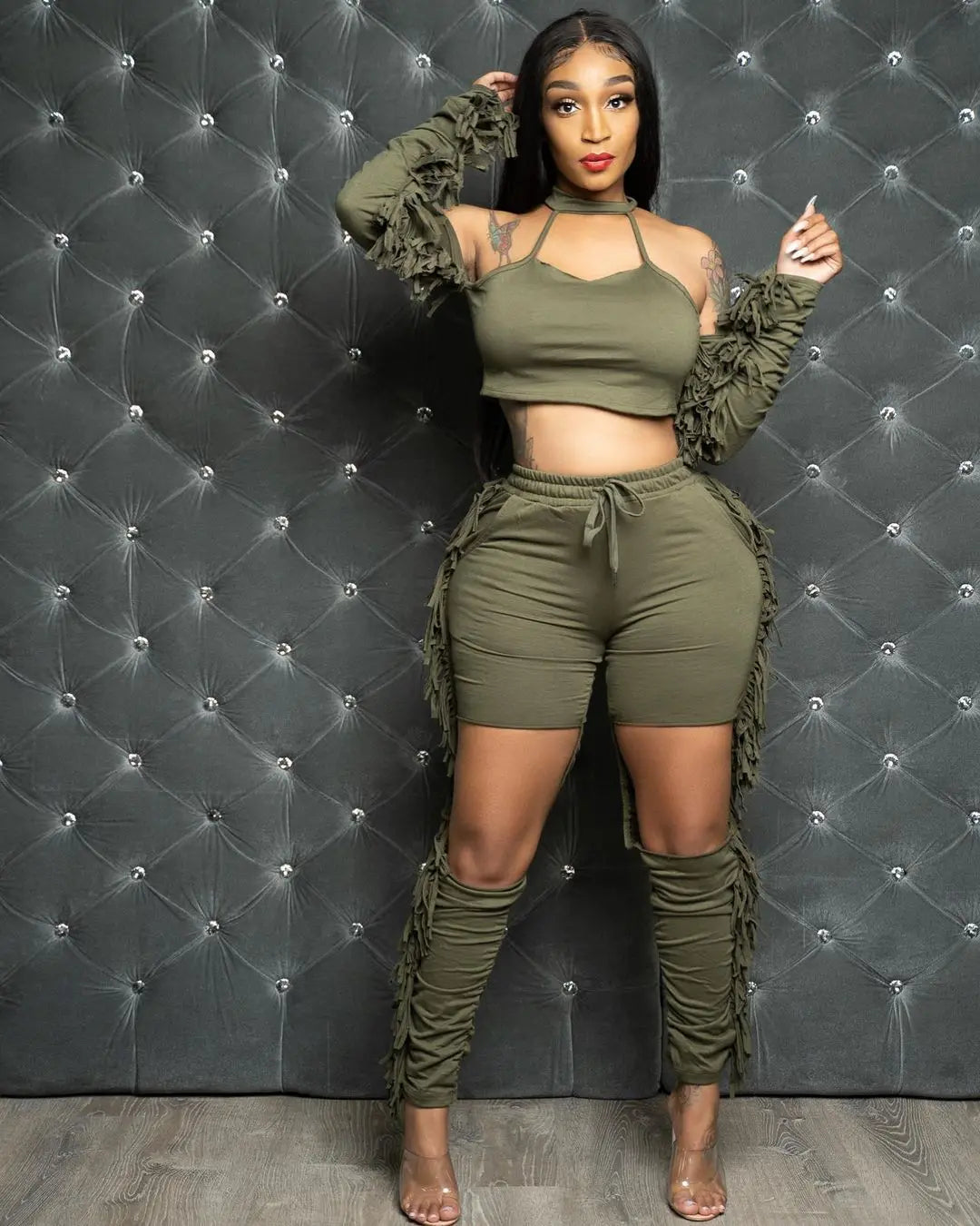 Fall Tassel Splicing Women's Set Draped Long Sleeve Crop Tops and Cut Out Pants Tracksuit Two Piece Set Fitness Outfits