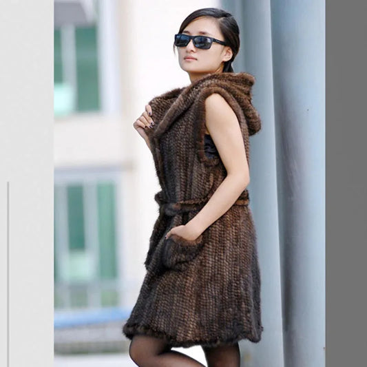 New Genuine Knitted Mink Fur Vest Hooded Mink Fur Vest Warm Winter Fur Coat