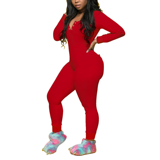 2025 Sexy Women Ladies Deep V Neck Overalls Butt Flap Pajamas Sleepwear Long Sleeve Bodycon Bodysuit Jumpsuit Rompers Clubwear