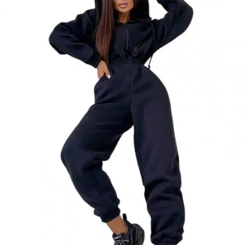 Warm Winter Women Hooded Playsuit Solid Color Thick Tight Waist Rompers Casual Women Hoodie Jumpsuit Overalls combinaison femme
