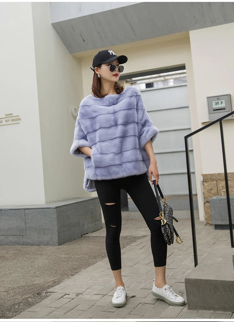 Real Mink Fur Coat Women Winter Natural Fur Coat Long Female Genuine Leather Mink Coats Cape shawl mink coat