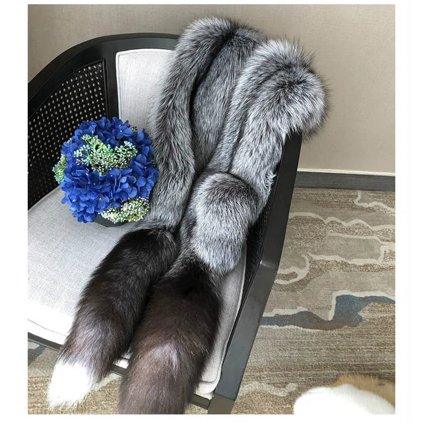 MS.Minshu Long Natural Fox Fur Scarf Genuine Fur Boa Whole Fox Stole with Tails