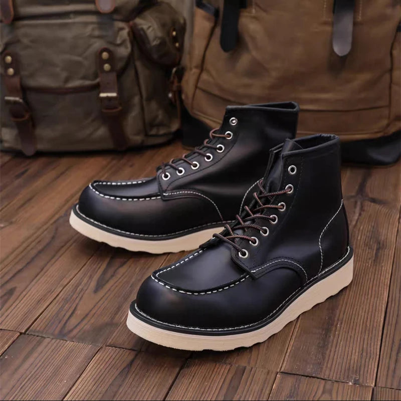 875 Vintage British Men Casual Ankle Boots Cow Leather Shoes Wings Tooling Handmade Autumn Winter Work Motorcycle Boots Red