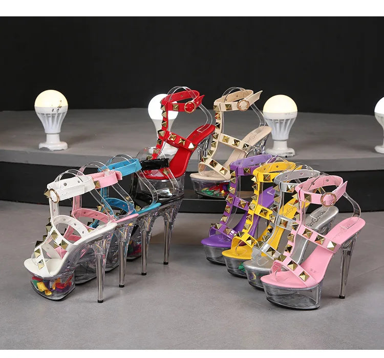 Women's Platform Sandals Rivet Pull Sandals Transparent High Heel 13CM Slim Heel Summer Waterproof Table LFD-1099-36