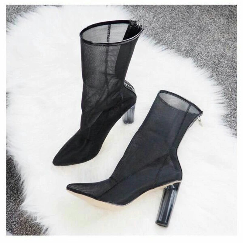 New Mesh Neon Green Sandal Boots Women Sexy Over The Knee Boots Pointed Toe High Heels Party Shoes Woman Thigh High Boots