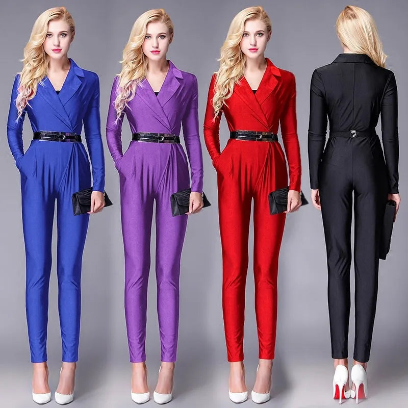 Fashion Women Long Sleeve Sexy V Neck Wide Leg Rompers Belted High Waist Jumpsuits Long Office Ladies Outfits Jumpsuit Colors