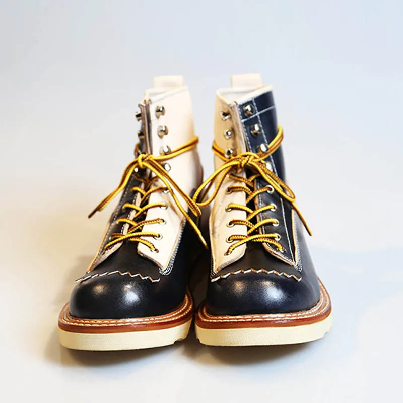 New Japanese Retro Patchwork Genuine Leather Boots Men Round Toe Lace Up Motorcycle Ankle Boots Casual Men Leather Shoes