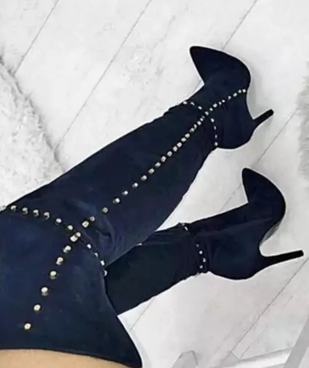 Sexy Green Blue Suede Gold Studs Women Over The Knee Boots Ladies High Heel Thick Slip On Point Toe Rivets Motorcycle Botas