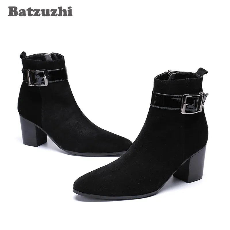 Korean Style Men's Pointed Toe Ankle Boots Black Suede US6-1 Big Size Knight Party Footwear Bota Masculina