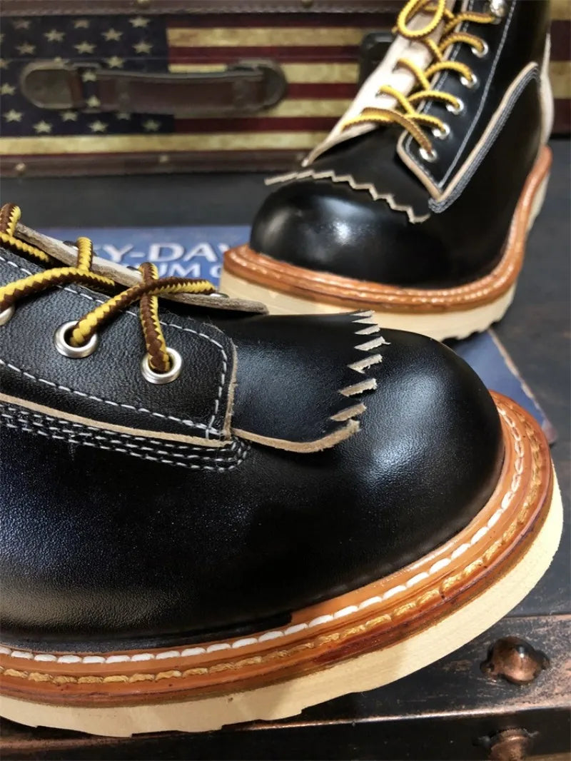 New Japanese Retro Patchwork Genuine Leather Boots Men Round Toe Lace Up Motorcycle Ankle Boots Casual Men Leather Shoes