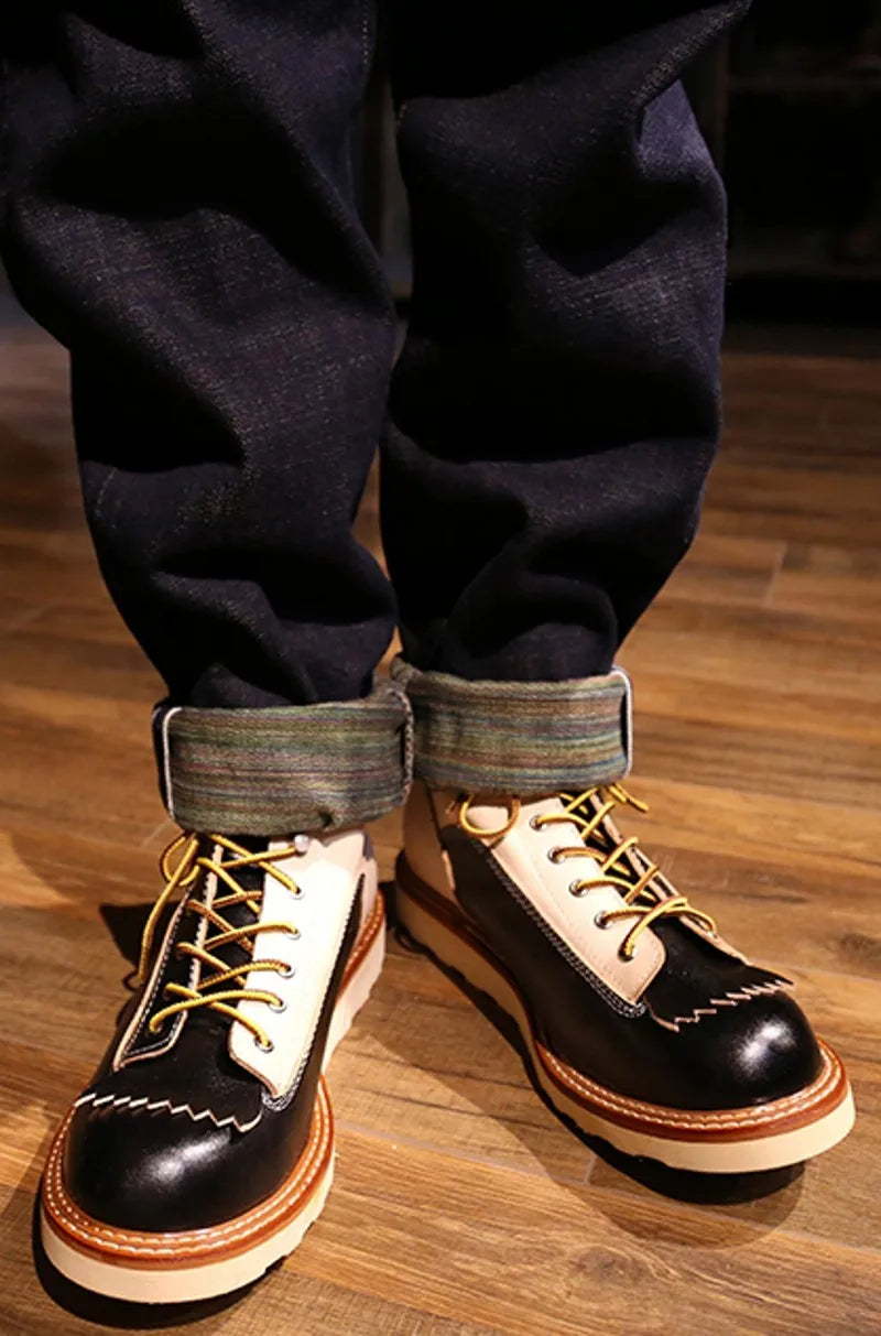 New Japanese Retro Patchwork Genuine Leather Boots Men Round Toe Lace Up Motorcycle Ankle Boots Casual Men Leather Shoes