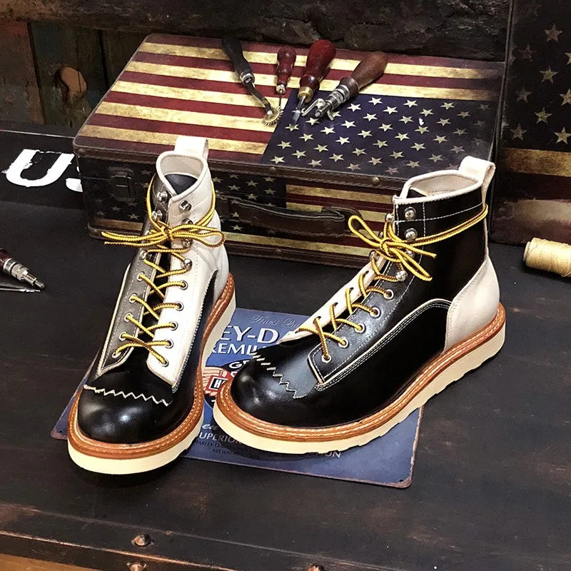 New Japanese Retro Patchwork Genuine Leather Boots Men Round Toe Lace Up Motorcycle Ankle Boots Casual Men Leather Shoes