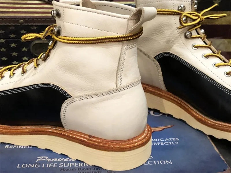 New Japanese Retro Patchwork Genuine Leather Boots Men Round Toe Lace Up Motorcycle Ankle Boots Casual Men Leather Shoes