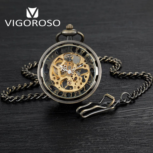 Vintage Steampunk Wind up Mechanical Pocket Watch Skeleton Open Face Bronze Steel Retro Fob Chain Watches Gifts