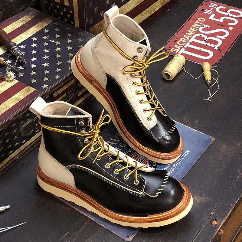 New Japanese Retro Patchwork Genuine Leather Boots Men Round Toe Lace Up Motorcycle Ankle Boots Casual Men Leather Shoes