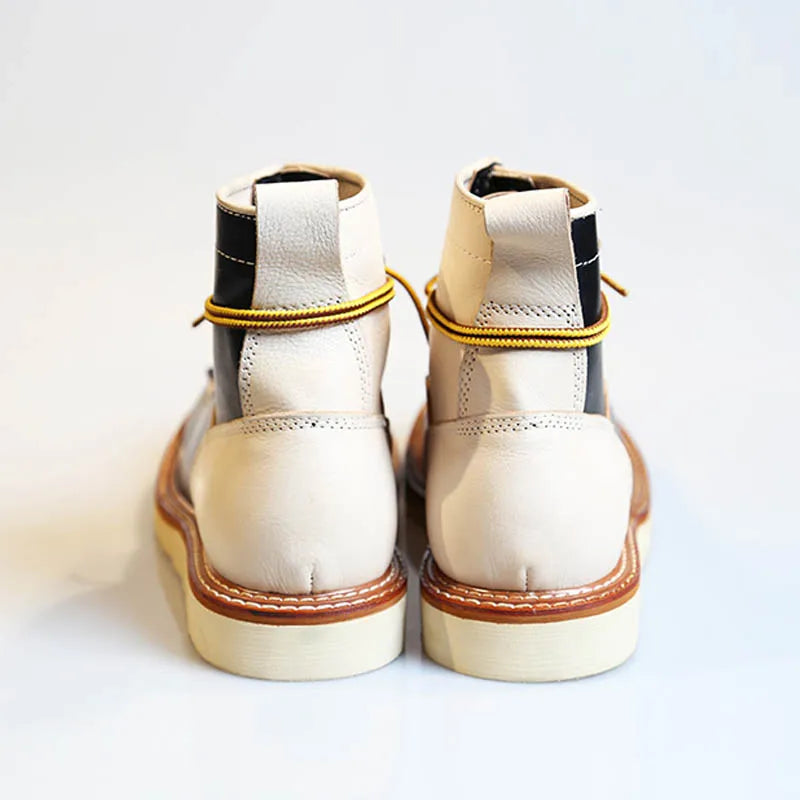 New Japanese Retro Patchwork Genuine Leather Boots Men Round Toe Lace Up Motorcycle Ankle Boots Casual Men Leather Shoes