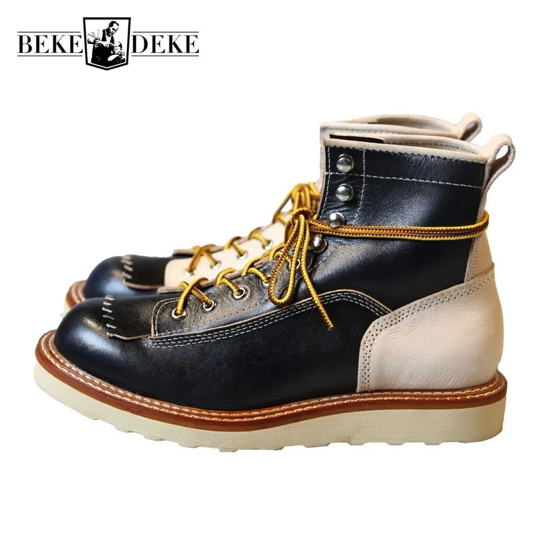 New Japanese Retro Patchwork Genuine Leather Boots Men Round Toe Lace Up Motorcycle Ankle Boots Casual Men Leather Shoes