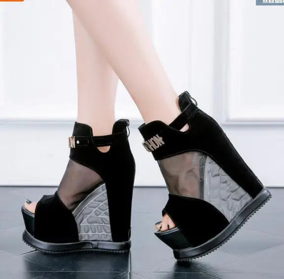 New Flock Ankl Boots Shoes Women Summer Sexy Hollow High Slope With The Fish Mouth Single Shoes Thick Bottom Wedges Short Boots