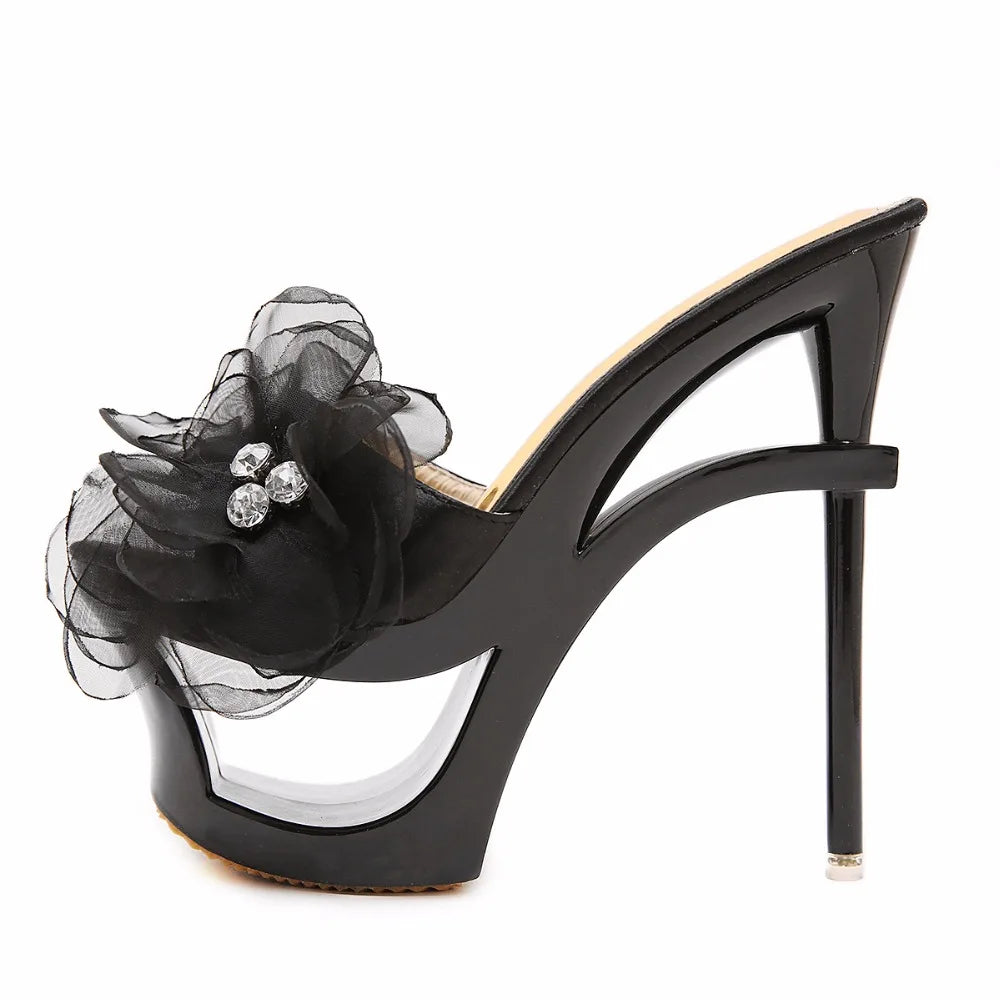 Strange Heels Platforms 2019 New Women Shoes Sandals and Slippers Blue Satin Chiffon Floral Diamond Waterproof Profiled Shoes