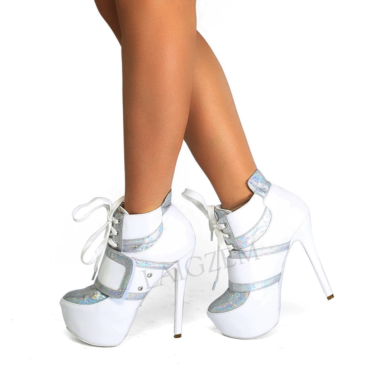 LAIGZEM SUPER Platform Booties Lace Up Comfortable Stiletto High Heel Ankle Booties Ladies Shoes Botines Mujer Large Size 39 52