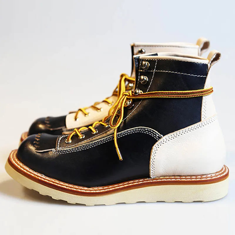 New Japanese Retro Patchwork Genuine Leather Boots Men Round Toe Lace Up Motorcycle Ankle Boots Casual Men Leather Shoes
