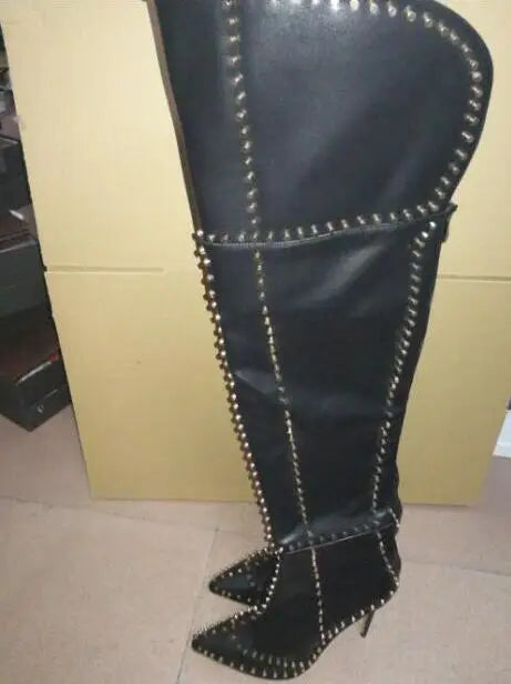 Sexy Green Blue Suede Gold Studs Women Over The Knee Boots Ladies High Heel Thick Slip On Point Toe Rivets Motorcycle Botas