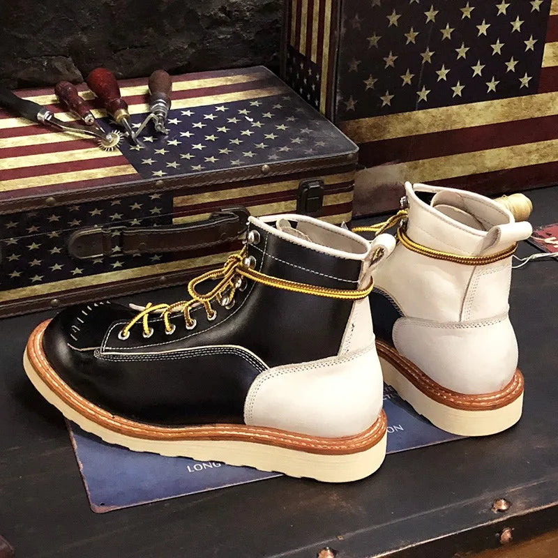 New Japanese Retro Patchwork Genuine Leather Boots Men Round Toe Lace Up Motorcycle Ankle Boots Casual Men Leather Shoes
