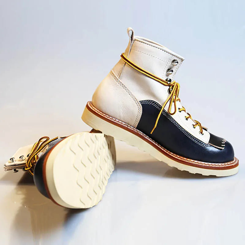 New Japanese Retro Patchwork Genuine Leather Boots Men Round Toe Lace Up Motorcycle Ankle Boots Casual Men Leather Shoes
