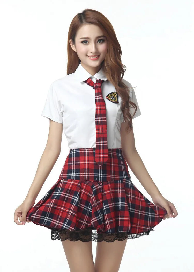 Short Sleeves Japanese School Uniform Girl Sailor Dress Red/Tibetan Blue Plaid Skirt Uniformes Korean Costumes For Girls