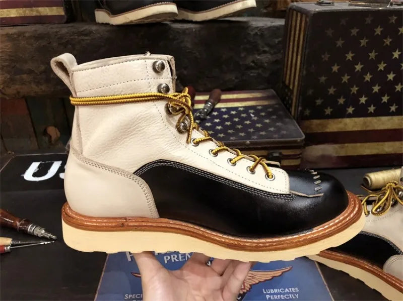 New Japanese Retro Patchwork Genuine Leather Boots Men Round Toe Lace Up Motorcycle Ankle Boots Casual Men Leather Shoes