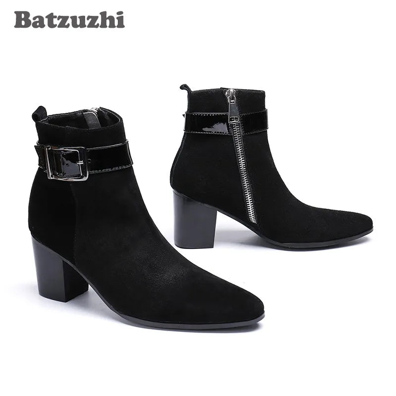 Korean Style Men's Pointed Toe Ankle Boots Black Suede US6-1 Big Size Knight Party Footwear Bota Masculina