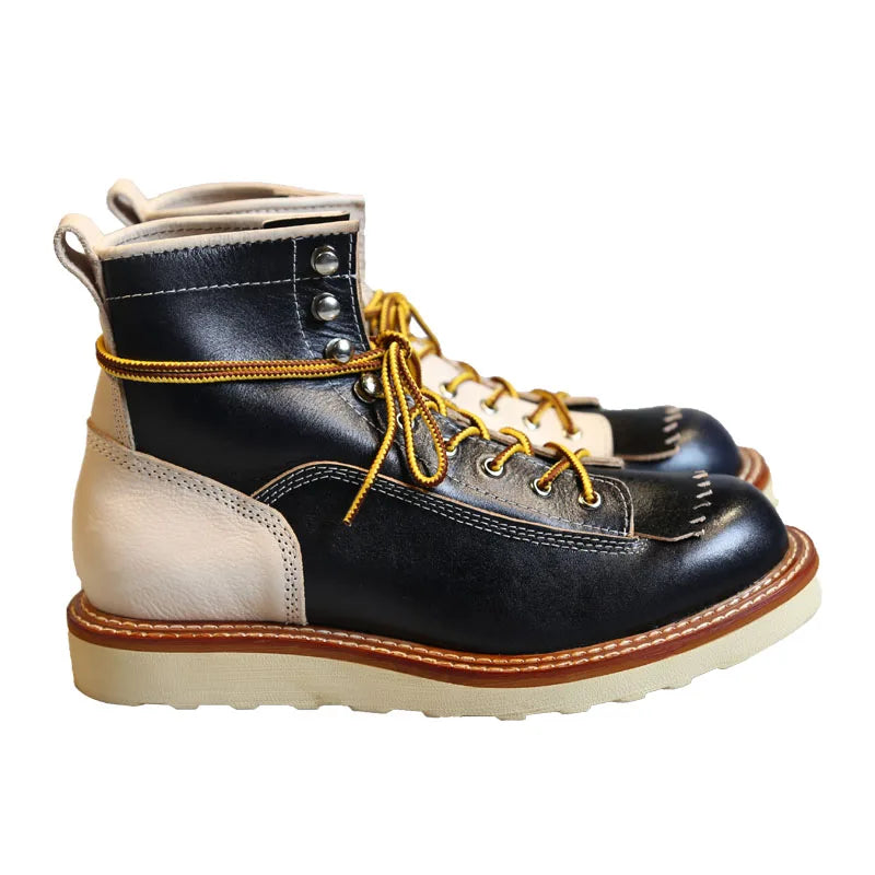 New Japanese Retro Patchwork Genuine Leather Boots Men Round Toe Lace Up Motorcycle Ankle Boots Casual Men Leather Shoes