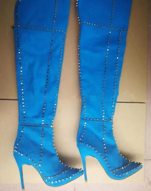 Sexy Green Blue Suede Gold Studs Women Over The Knee Boots Ladies High Heel Thick Slip On Point Toe Rivets Motorcycle Botas