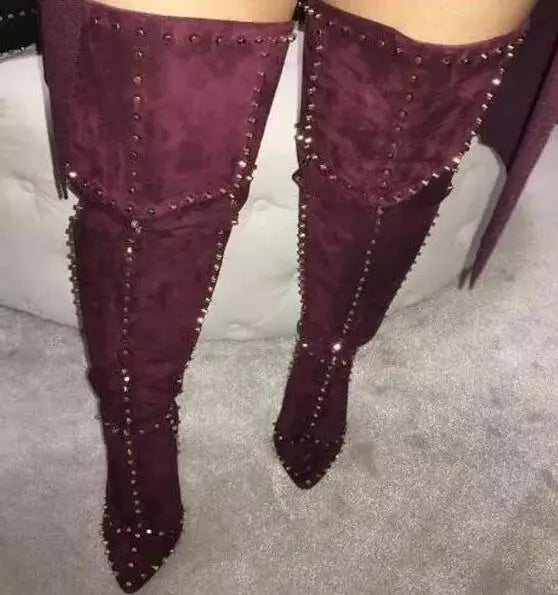 Sexy Green Blue Suede Gold Studs Women Over The Knee Boots Ladies High Heel Thick Slip On Point Toe Rivets Motorcycle Botas