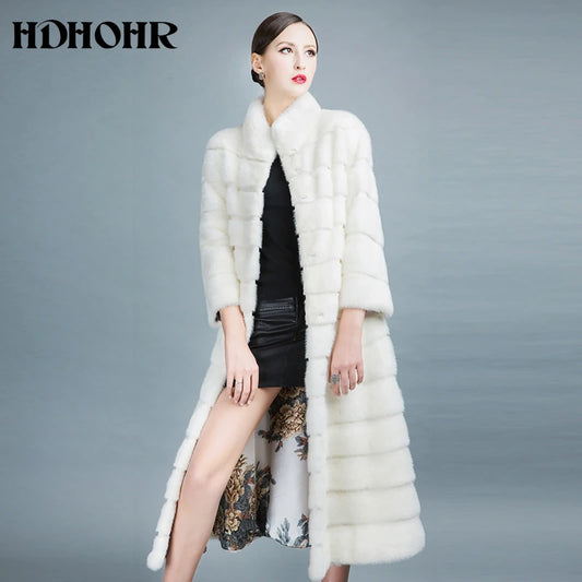 HDHOHR 2026 High Quality Natural Mink Fur Coats Long With Skirt Women Winter Real White Mink Coats Slim Warm Fur Jackets Feamle