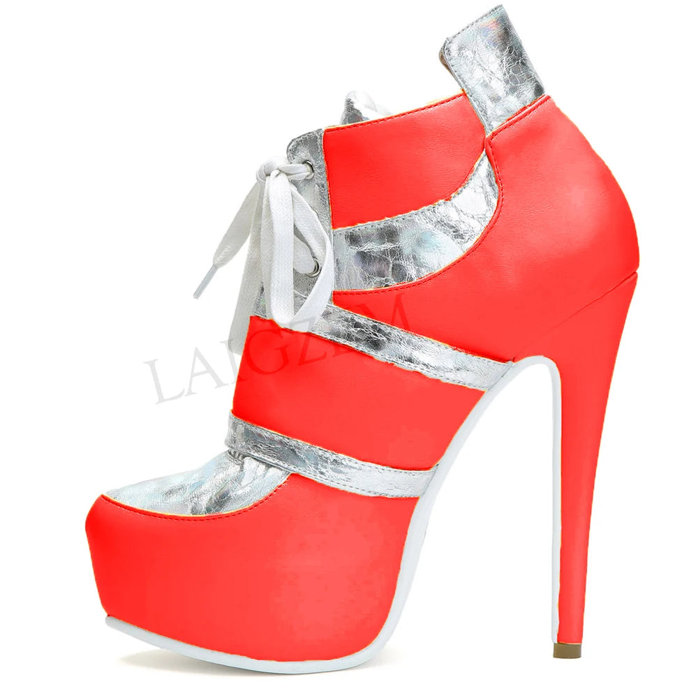 LAIGZEM SUPER Platform Booties Lace Up Comfortable Stiletto High Heel Ankle Booties Ladies Shoes Botines Mujer Large Size 39 52
