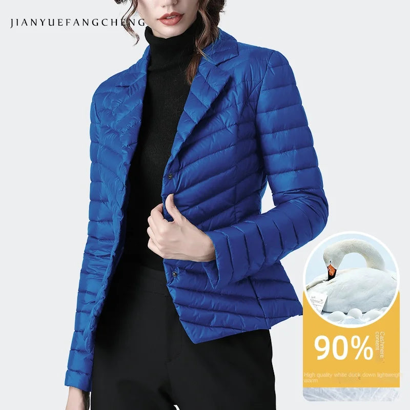 Fashion Suit Collar Women Winter Down Jacket Elegant Slim Warm Lightly Puffer Coat Outwear Plus Size 3 Buttons Duck Down Jackets