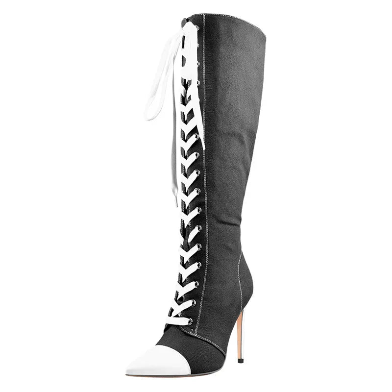 Onlymaker Women Pointed-toe Lace Up Canvas Boots 10CM Thin High Heel Side Zipper Blue Long Boots Plus Size US5~US15