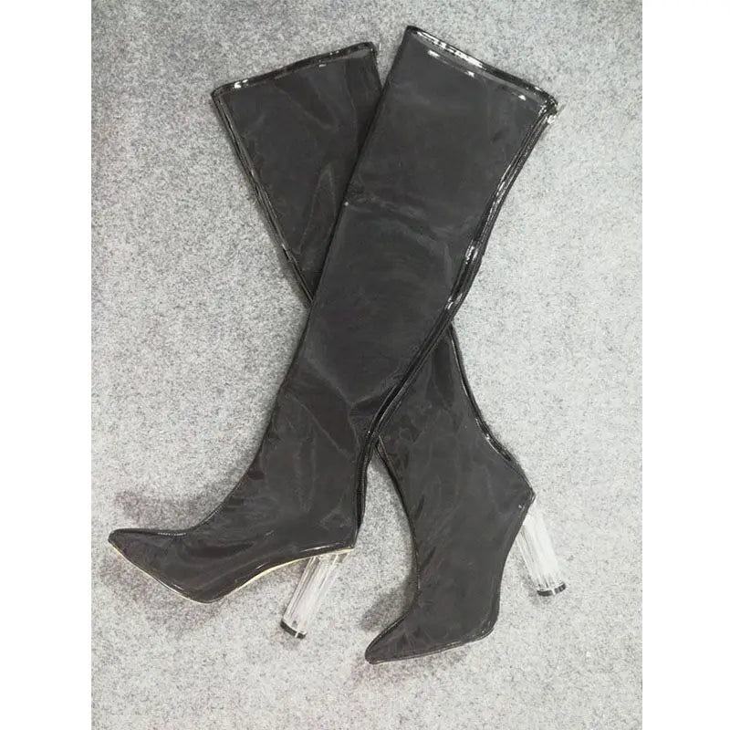 New Mesh Neon Green Sandal Boots Women Sexy Over The Knee Boots Pointed Toe High Heels Party Shoes Woman Thigh High Boots
