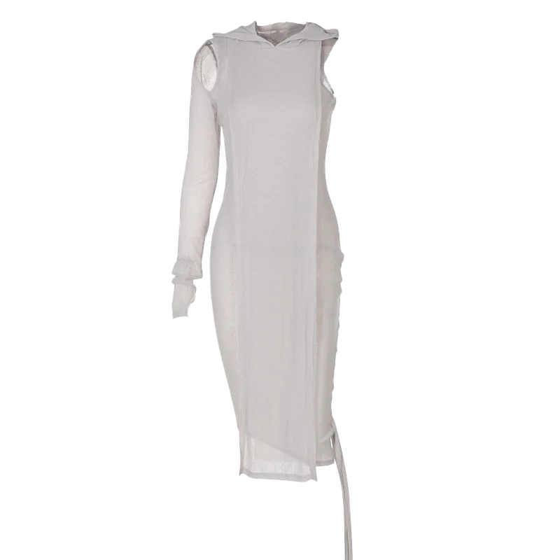 Fall Spring Clubwear Tight Dress One Sleeve Knit Asymmetric Midi Dresses Skinny Ribbed Hooded Streetwear Baddie Clothes