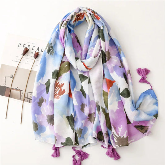 2026 Luxury Brand Ink Painting Floral Tassel Viscose Shawl Scarf Lady High Quality Pashmina Hijab and Wraps Foulard Muslim Sjaal