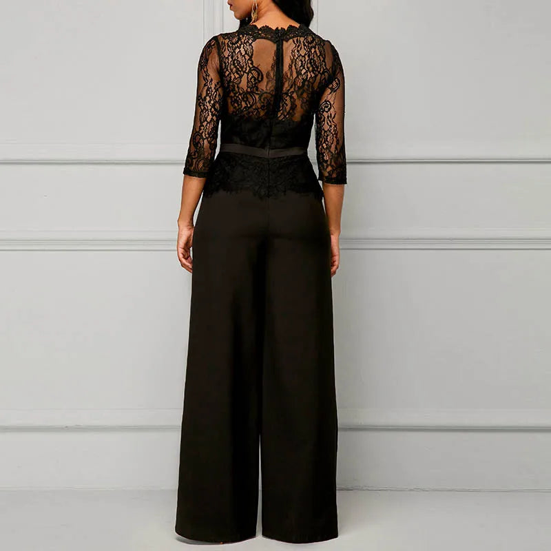 Sexy Lace Hollow Out Jumpsuits Women Spring Autumn Solid O-neck Half Sleeve Party Rompers Elegant Office Lady Wide Leg Overalls