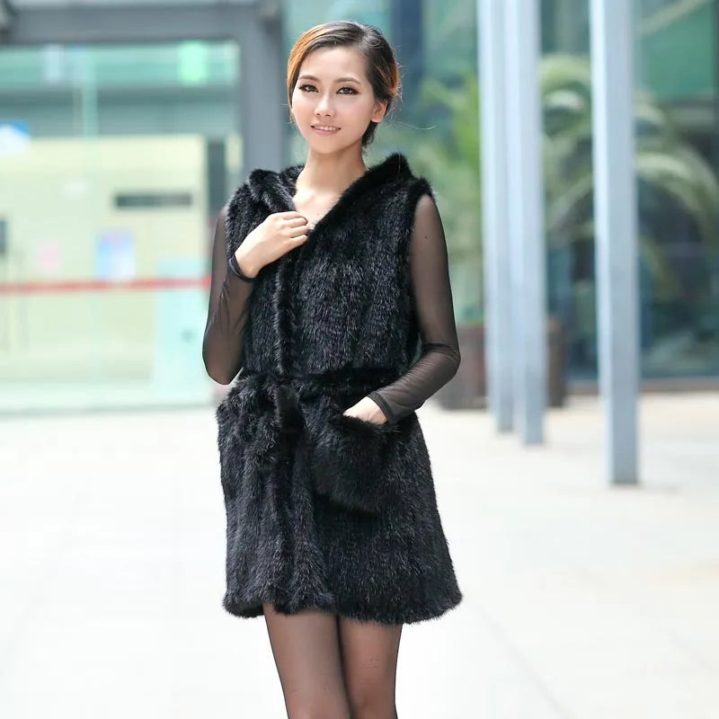 New Genuine Knitted Mink Fur Vest Hooded Mink Fur Vest Warm Winter Fur Coat