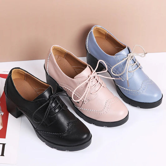 EOFK Women Brogue Shoes New Quaity High Square Heel Derby Genuine Leather High Heels Wedge Shoes Woman Female Shoes Pumps Casual