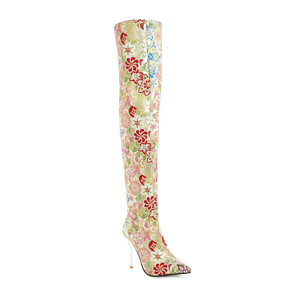 Western Embroidery Style Pointed Toe Over-The-Knee Women's Boots Ethnic Style Patterned Ultra-High Crystal Stiletto Long Boots