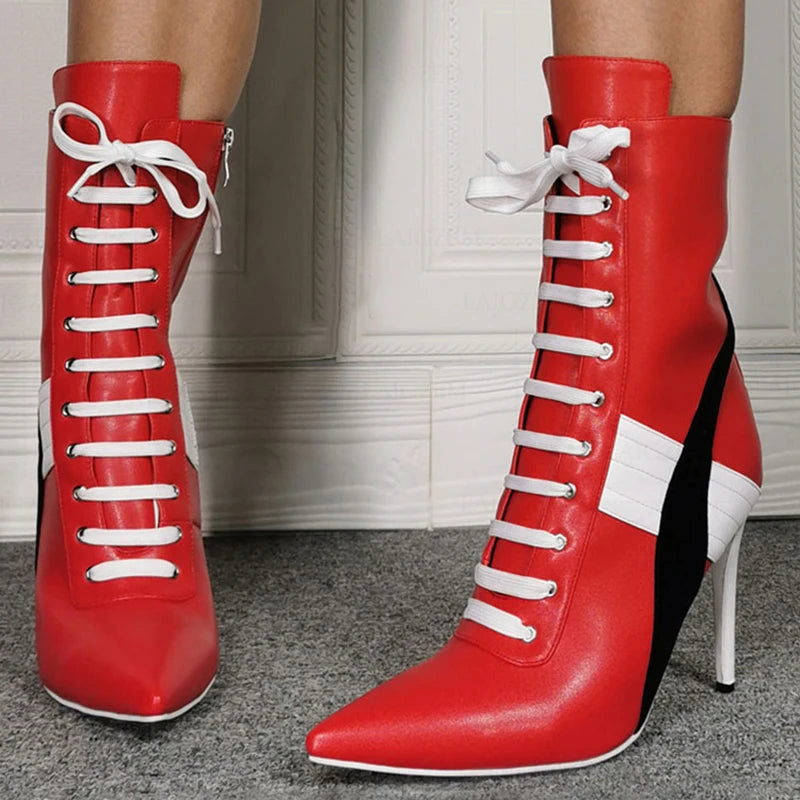 BERZIMER Women Ankle Boots Side Zip Patchwork Lace Up High Heels Booties Zapatos Mujer Ladies Shoes Woman Big Size 43 45 46 47