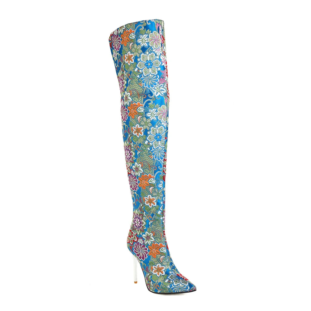 Western Embroidery Style Pointed Toe Over-The-Knee Women's Boots Ethnic Style Patterned Ultra-High Crystal Stiletto Long Boots