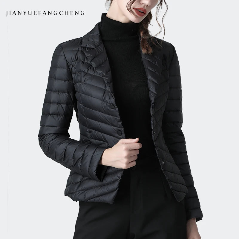 Fashion Suit Collar Women Winter Down Jacket Elegant Slim Warm Lightly Puffer Coat Outwear Plus Size 3 Buttons Duck Down Jackets