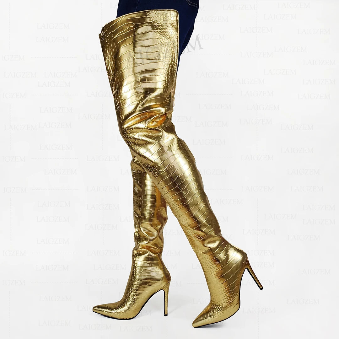 LAIGZEM Women Crotch High Boots Full Back Zip Up Stiletto High Heels Boots Corcodile Print Ladies Shoes Woman Big Size 38 42 47