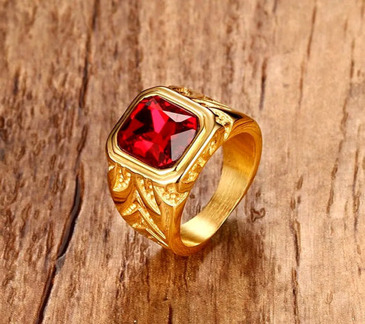 Square Red gemstones zircon diamonds rings for men 18K gold color titanium stainless steel luxury jewelry bijoux bague accessory